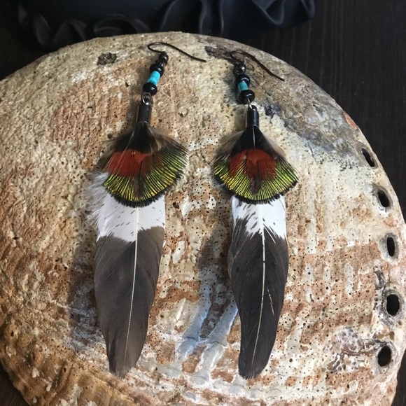 Hand Crafted Imitation Eagle & Turquoise Feather Hand Painted Tribal Earrings - Picture 8 of 16